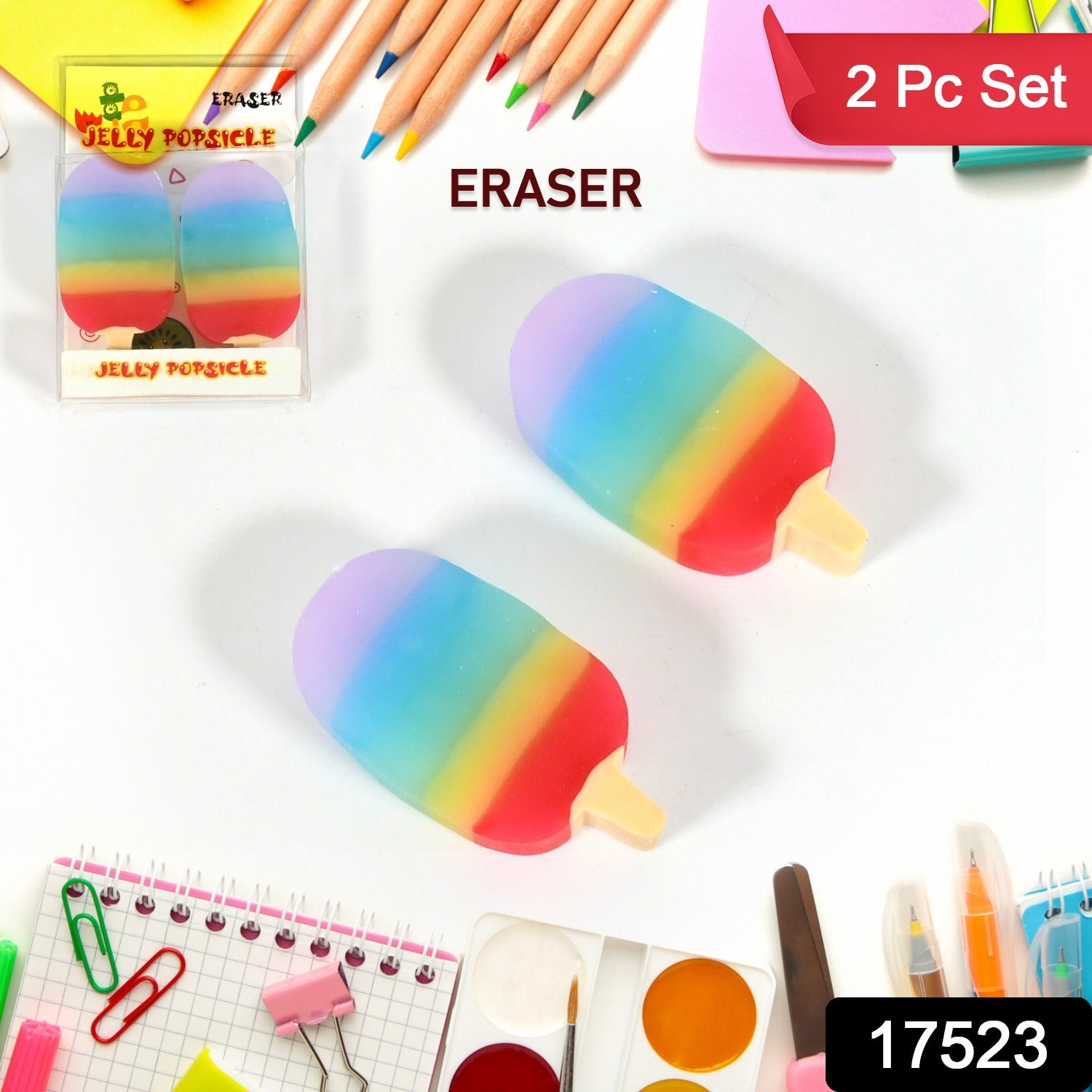 Jelly Popsicle Shape Fancy &amp; Stylish Erasers, Mini Eraser Creative Cute Novelty Eraser for Children Eraser Set for Return Gift, Birthday Party, School Prize (2 Pc Set| Mix Design) - Bhavnagar Deodap