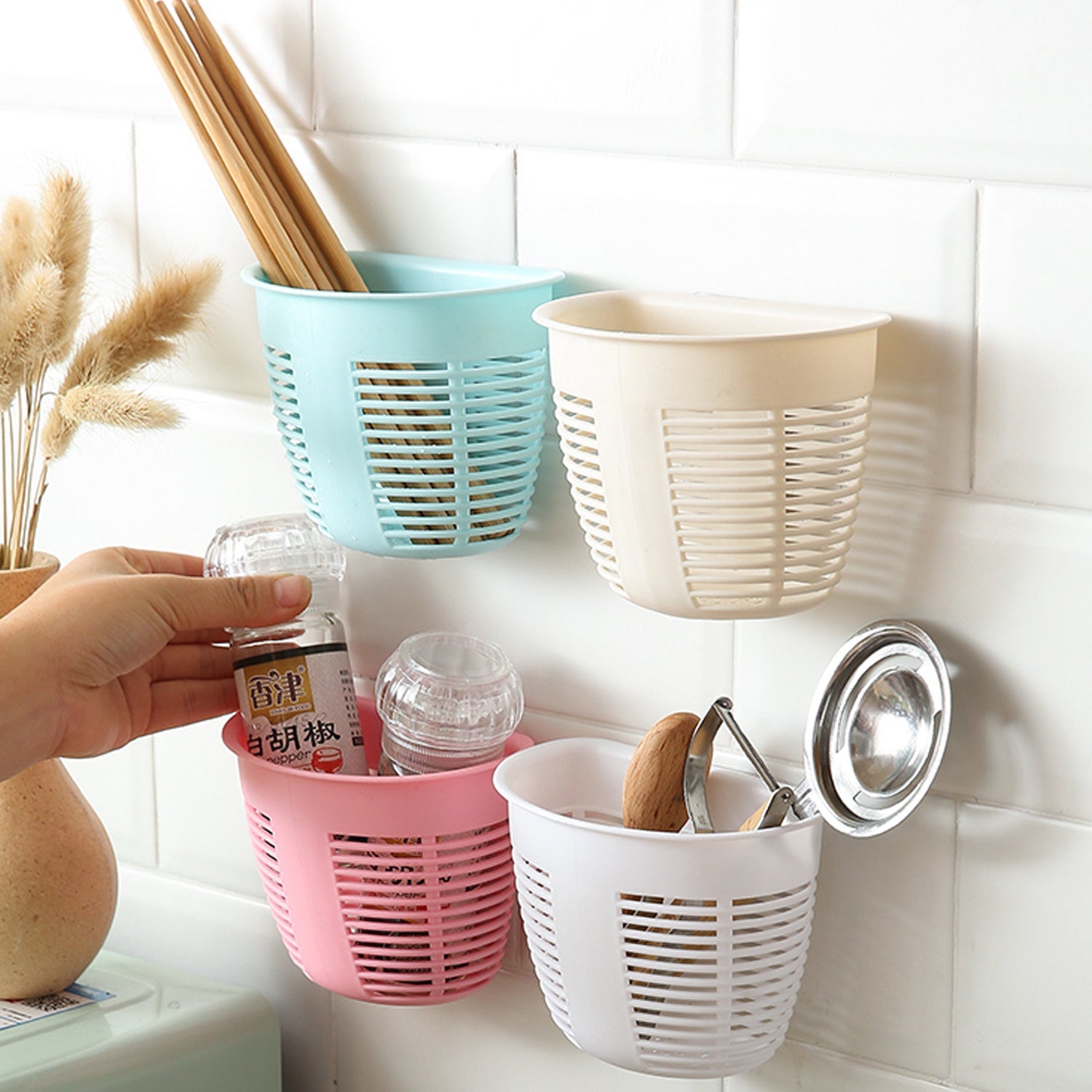 Hanging Plastic Storage Basket, Adhesive Wall Mounted Organizer Box Make Up Holder Shelf Bathroom Wall Basket Punch Free Drain Basket for Kitchen Bathroom, Wall Type Storage Basket (1 Pc) - Bhavnagar Deodap