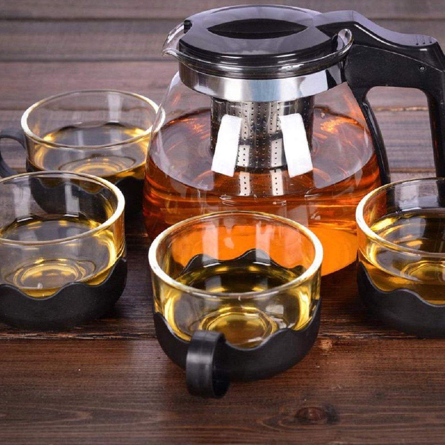 Flame Proof Glass Kettle & Cup Set With Strainer High Quality Kettle Set For Home & Café Use  (4 Cup & 1 Kettle) (24 Pc MOQ) - Bhavnagar Deodap