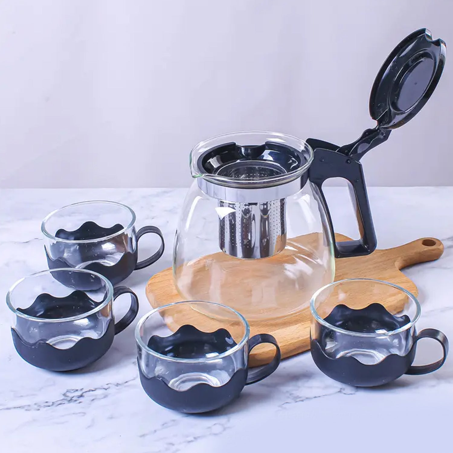 Flame Proof Glass Kettle & Cup Set With Strainer High Quality Kettle Set For Home & Café Use  (4 Cup & 1 Kettle) (24 Pc MOQ) - Bhavnagar Deodap