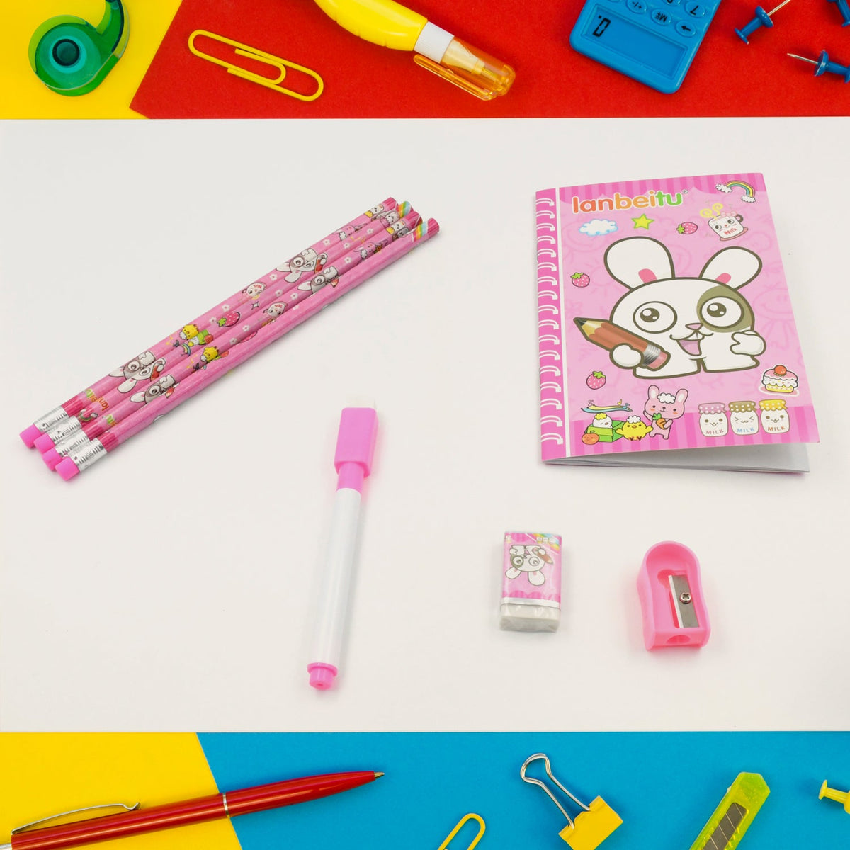 Kids' Stationery Kit: Wooden Pencils, Sharpener, Eraser, Diary (8 Pc Set) - Bhavnagar Deodap