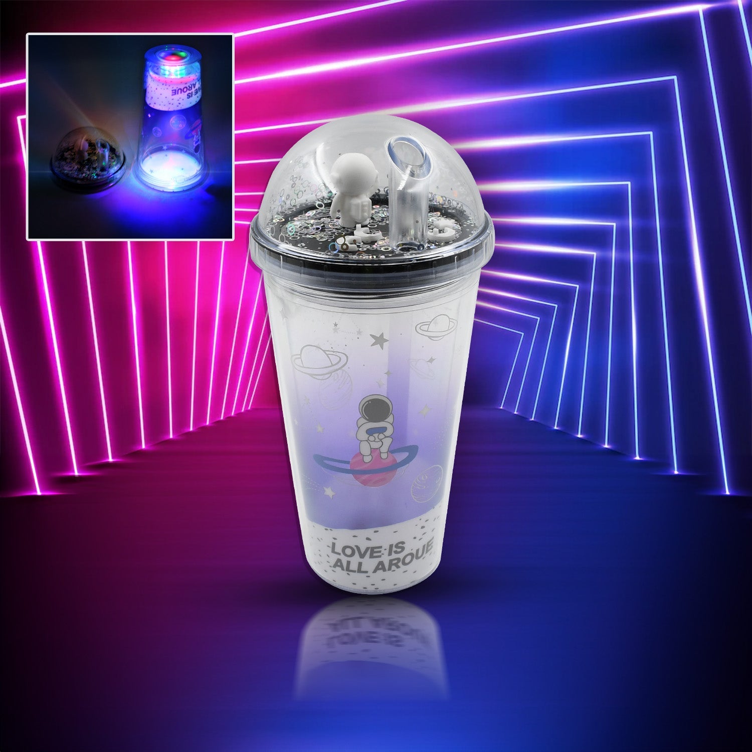 LED Glow Light, Design Printed Insulated Double Wall Plastic Tumbler Cups With Straws 13oz Theming Astronaut in Space Travel Tumbler Freezer Mug Drinking Cups for Boys and Girls School/Tuition/Gym/ Picnic (Pack Of 1) - Bhavnagar Deodap