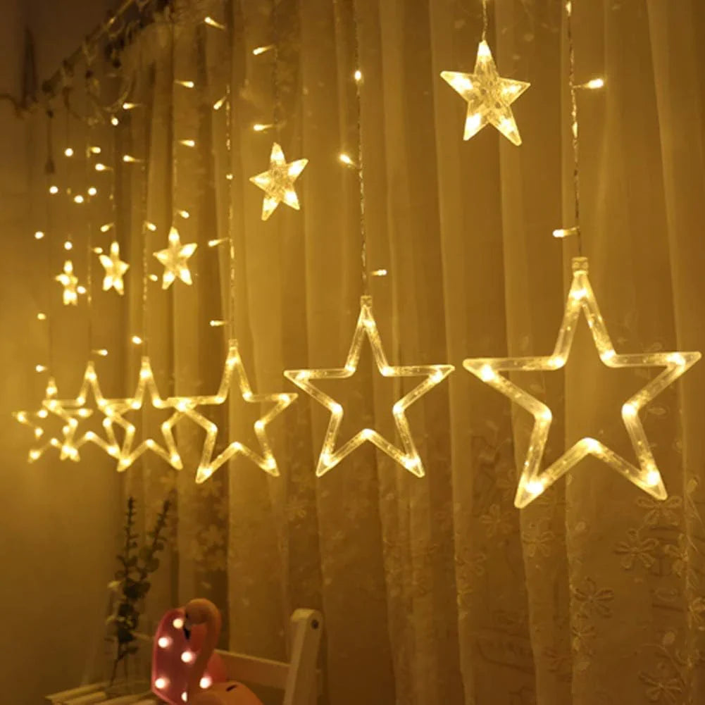 12 Stars LED Curtain String Lights with 8 Flashing Modes for Home Decoration, Diwali & Wedding LED Christmas Light Indoor and Outdoor Light ,Festival Decoration  (Warm White) - Bhavnagar Deodap