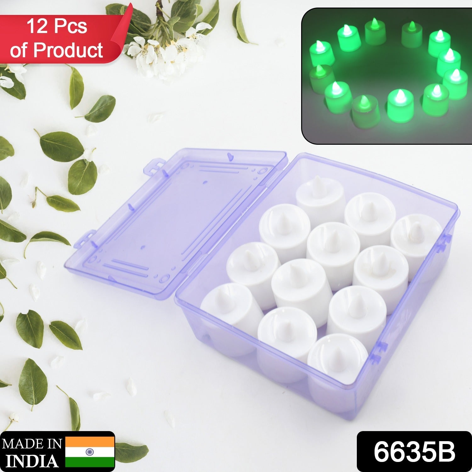 GREEN FLAMELESS LED TEALIGHTS, SMOKELESS PLASTIC DECORATIVE CANDLES - LED TEA LIGHT CANDLE FOR HOME DECORATION (PACK OF 12) - Bhavnagar Deodap