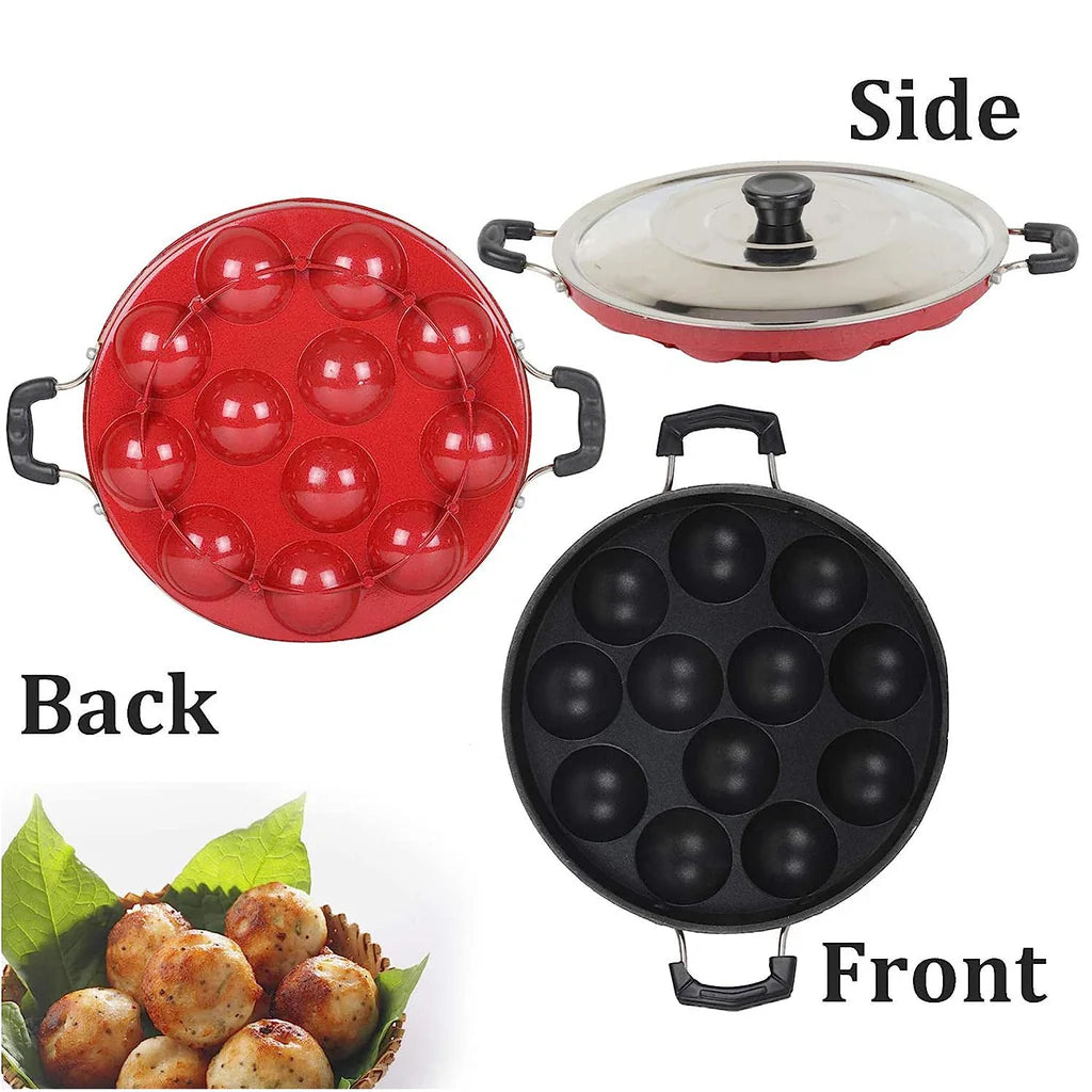 Non Stick 12 Cavity Aluminium Appam Patra Appe Pan Non Stick with Lid - Bhavnagar Deodap