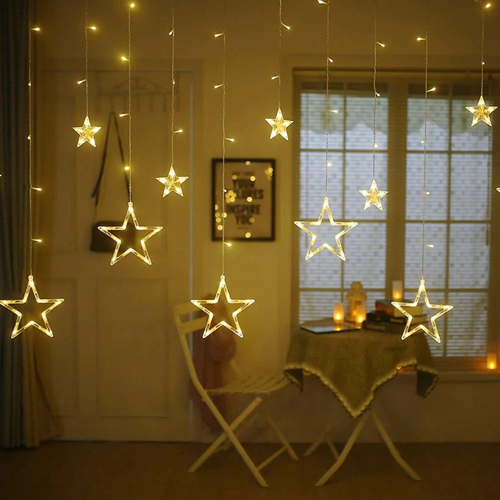 12 Stars LED Curtain String Lights with 8 Flashing Modes for Home Decoration, Diwali & Wedding LED Christmas Light Indoor and Outdoor Light ,Festival Decoration  (Warm White) - Bhavnagar Deodap