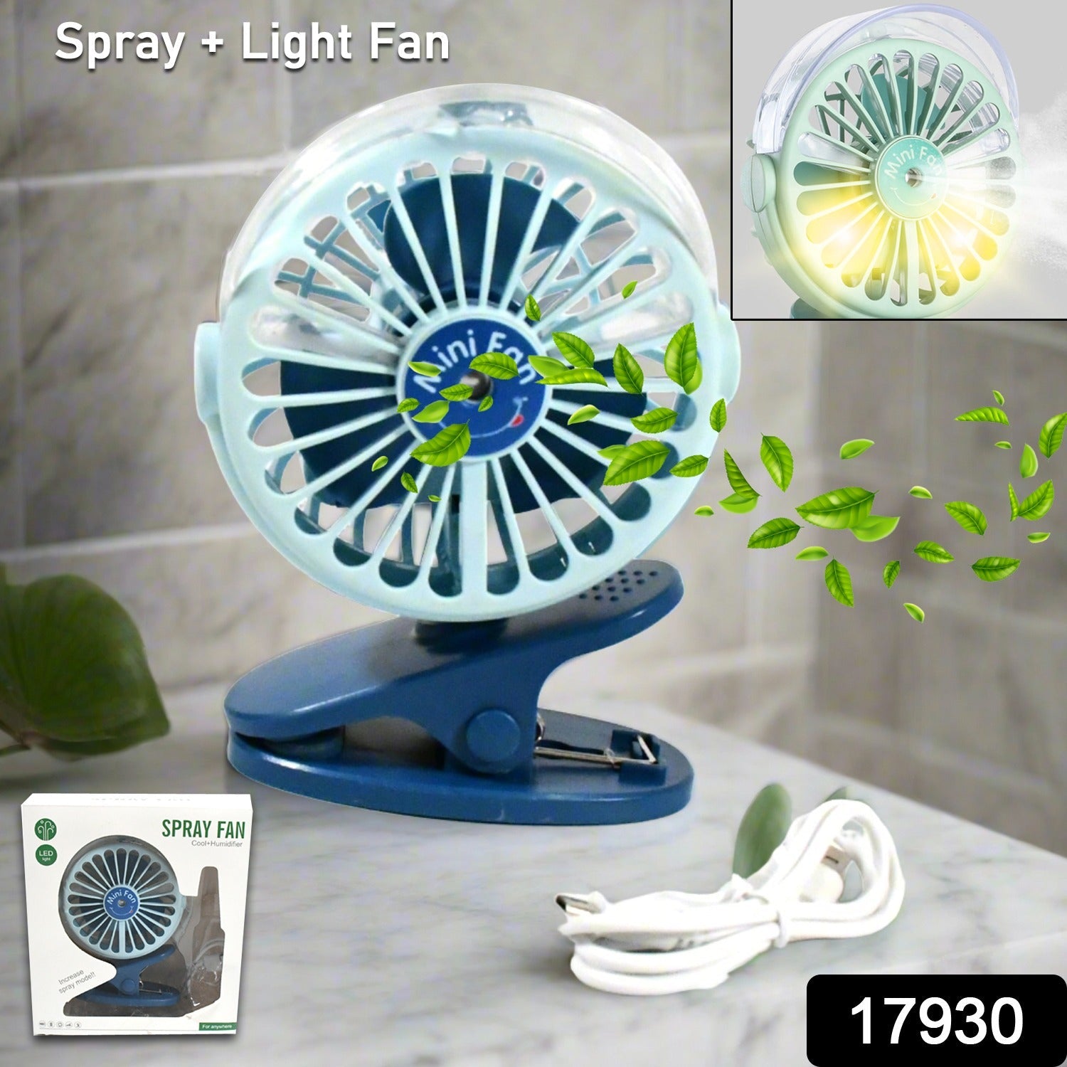 Portable Clip-on Fan, Battery Operated, With Light & Spray, Small Yet Powerful USB Table Fan, 3-Speed Quiet Rechargeable Mini Desk Fan, 360° Rotation, Personal Cooling Fan for Home, Office, Camping - Bhavnagar Deodap