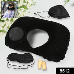 8512 3 in 1 Comfortable Travel Sleeping Kit, Neck Pillow, Eye Mask & Ear Plug Set Inflatable Plane Sleeping Pillow Head Neck Support Pillows for Travel Airplane Office, Black - Bhavnagar Deodap