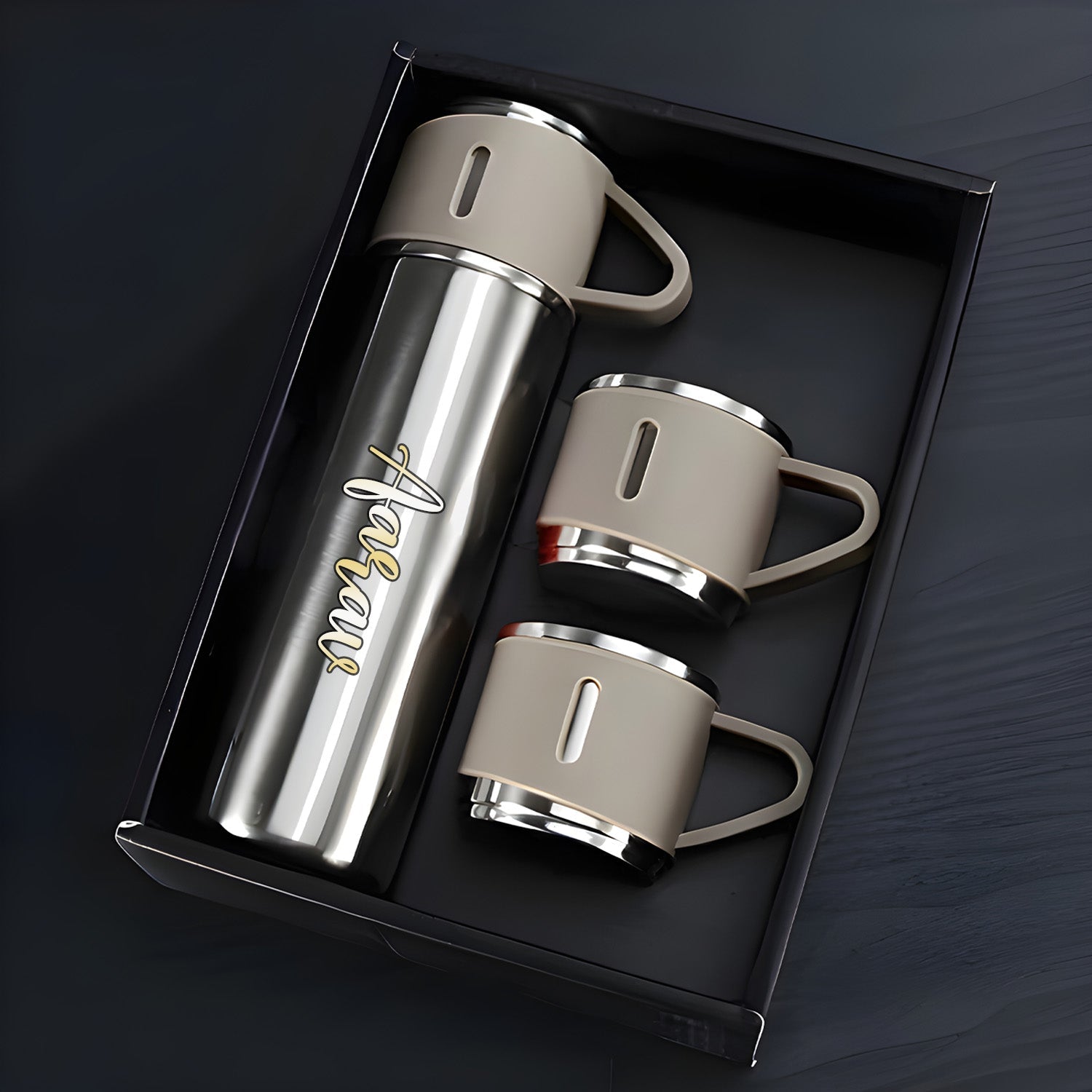 Customized/Personalized Stainless Steel Water Bottle Vacuum Flask Set With 3 Steel Cups Combo | Gifting Custom Name Water Bottle | Gifts for boyfriend/Girlfriend/Employee | 500ML | - Bhavnagar Deodap