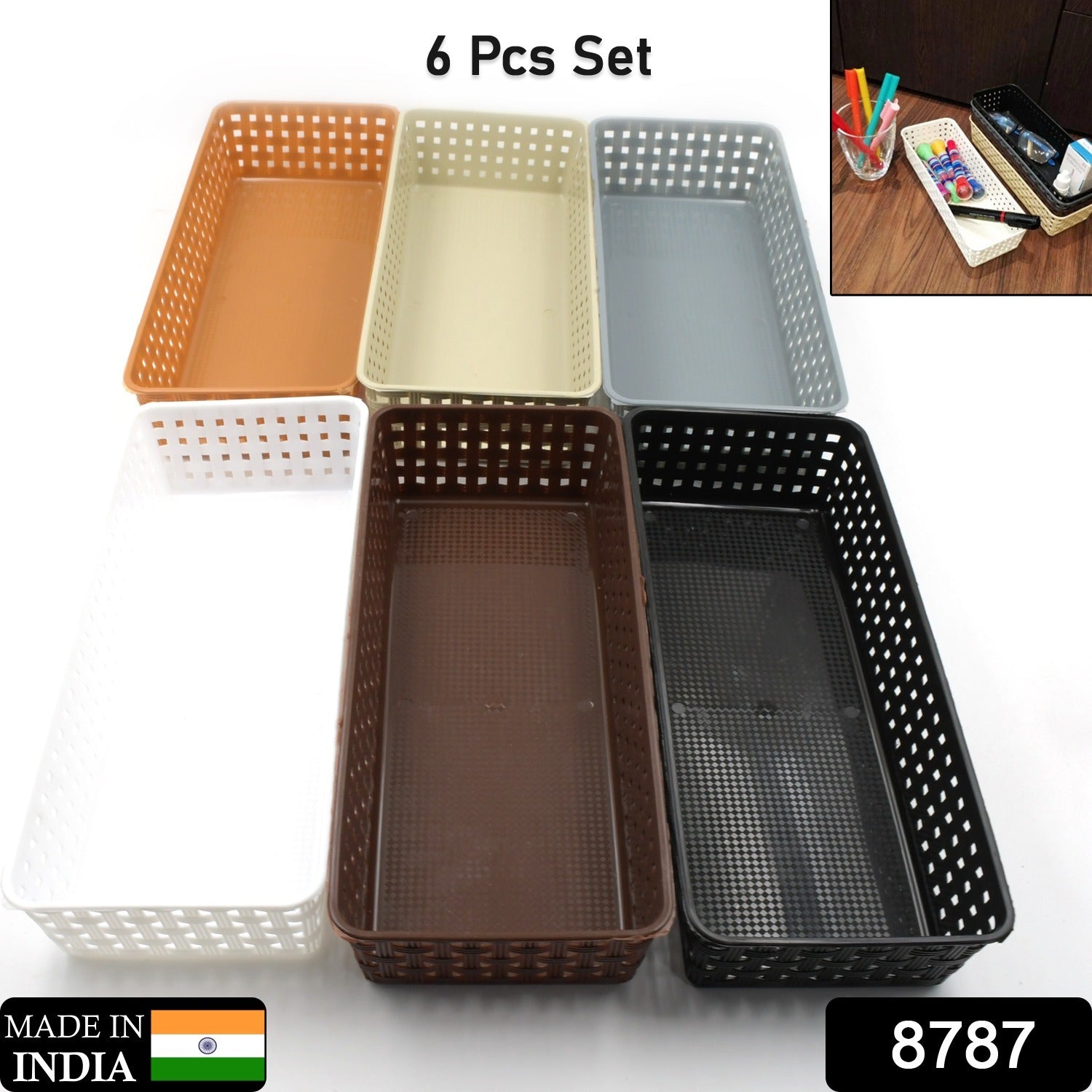 Plastic Multipurpose Desk Organizer Tray Office Drawer Dividers Storage Bins for Kitchen, Bathroom, Office, Makeup, Bedroom Dresser, Craft Basket Rack Multicolour (6 Pcs Set) - Bhavnagar Deodap