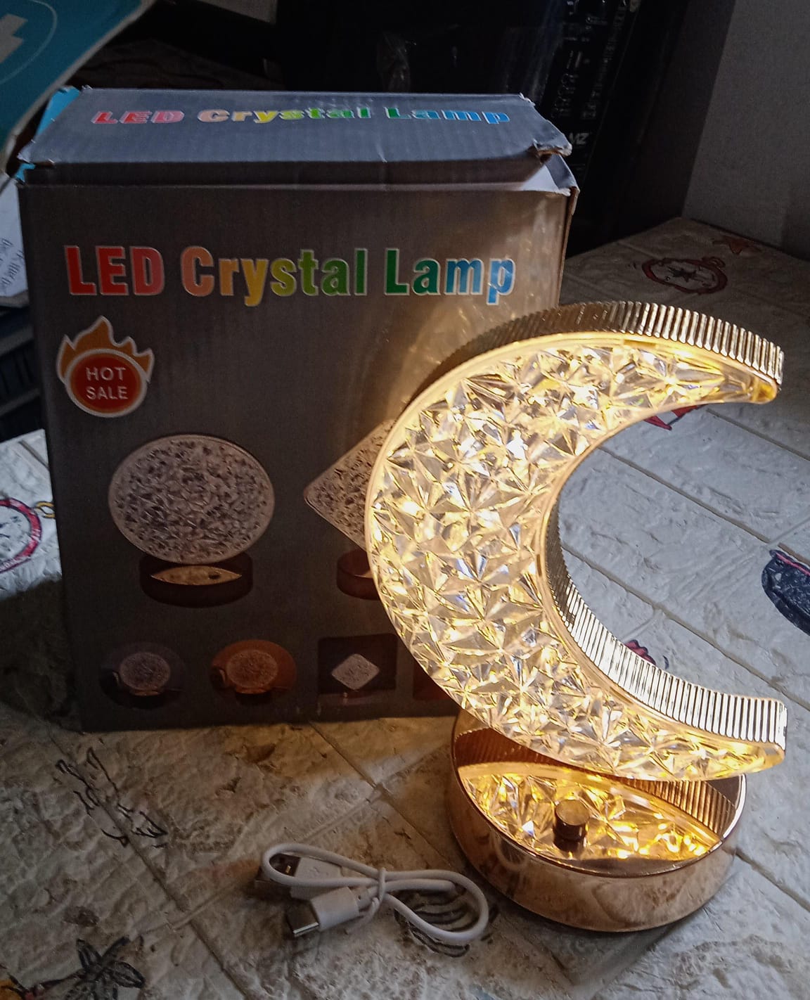 Crystal Table Lamp | Moon Shape Touch Control Lamp with 3 Color | Metal Bedside Lamp for Kids Bedroom Romantic Desktop Nightstand | Stepless Dimming USB Charging Touch Night Light - Bhavnagar Deodap