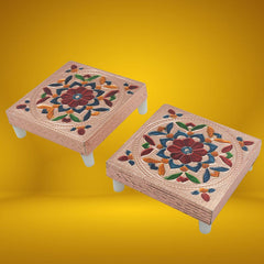 2 Pc Meenakari Wooden Chowki & Bajot Set: For Home & Office Puja (Multicolor) - Bhavnagar Deodap