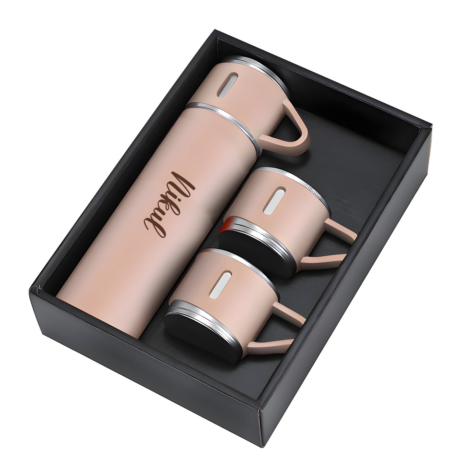 Customized/Personalized Stainless Steel Water Bottle Vacuum Flask Set With 3 Steel Cups Combo | Gifting Custom Name Water Bottle | Gifts for boyfriend/Girlfriend/Employee | 500ML | - Bhavnagar Deodap