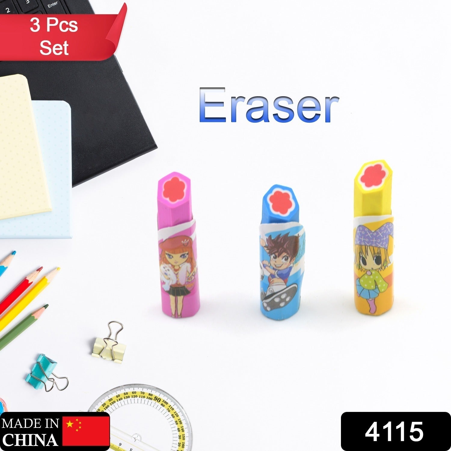 Lipstick Style Rubber Eraser for Return Gift, Lipstick Shape Non-Toxic Eraser for Kids, 3D Stationary for Birthday Return Gift (3 Pc Set) - Bhavnagar Deodap