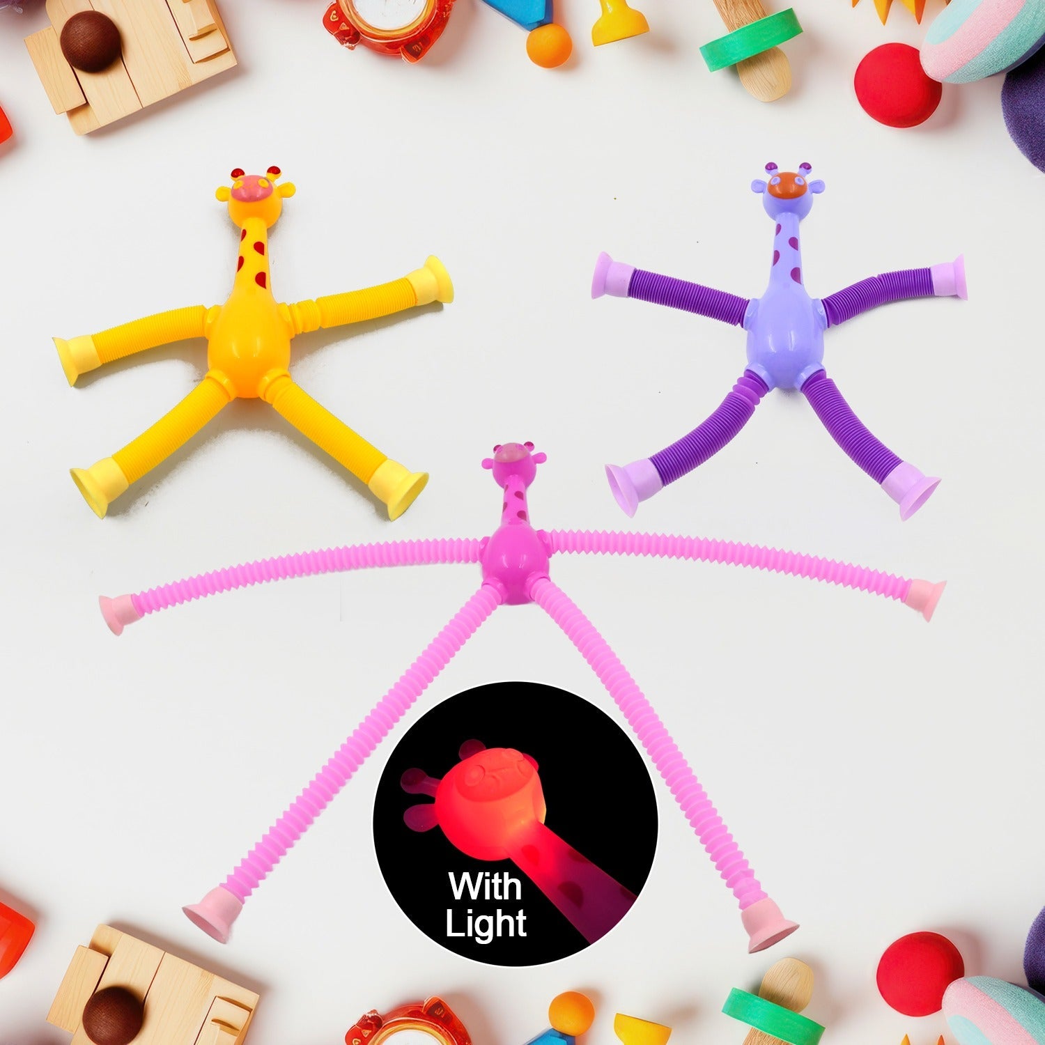 LED Telescopic Suction Cup Giraffe Toy, Pop Tubes Fidget Toys, Shape Changing Telescopic Sensory Tubes Fidget Tubes Sensory Toys Suction Toy, Funny Gift (3 Pcs Set) - Bhavnagar Deodap