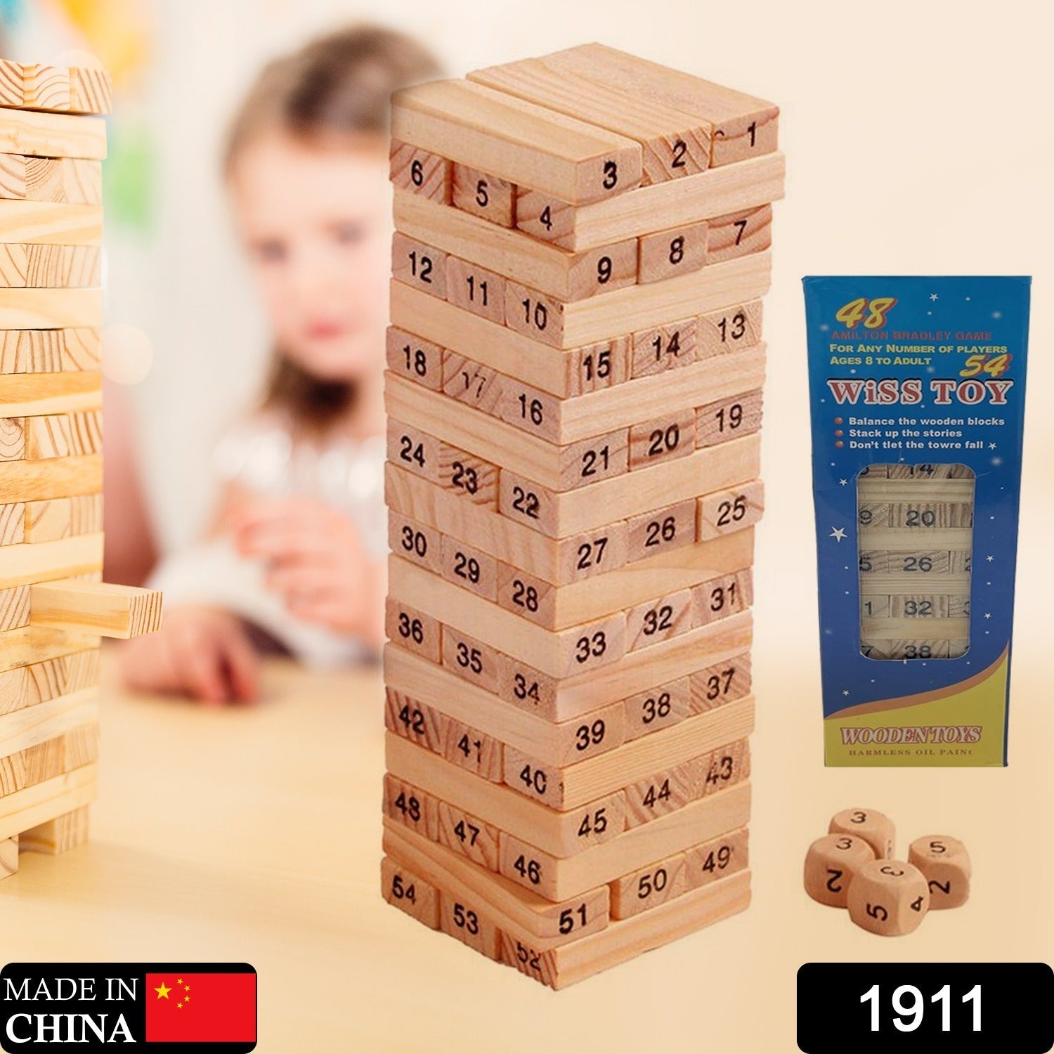 54 Pcs Blocks 4 Dices Wooden Tumbling Stacking Building - Bhavnagar Deodap