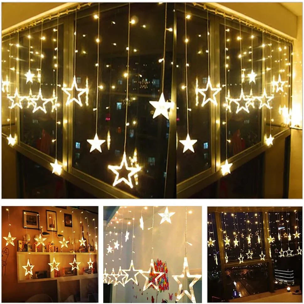 12 Stars LED Curtain String Lights with 8 Flashing Modes for Home Decoration, Diwali & Wedding LED Christmas Light Indoor and Outdoor Light ,Festival Decoration  (Warm White) - Bhavnagar Deodap