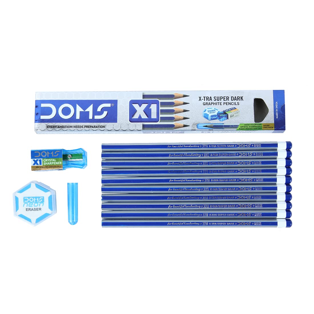 DOMS X1 Xtra Super Dark Pencils Box Pack|Hexagonal Shape For Easy Holding&Comfort|Free Eraser|Scale&Pencil Cap Inside|Dark&Neat Handwriting|Pack Of 10 Pencils - Bhavnagar Deodap