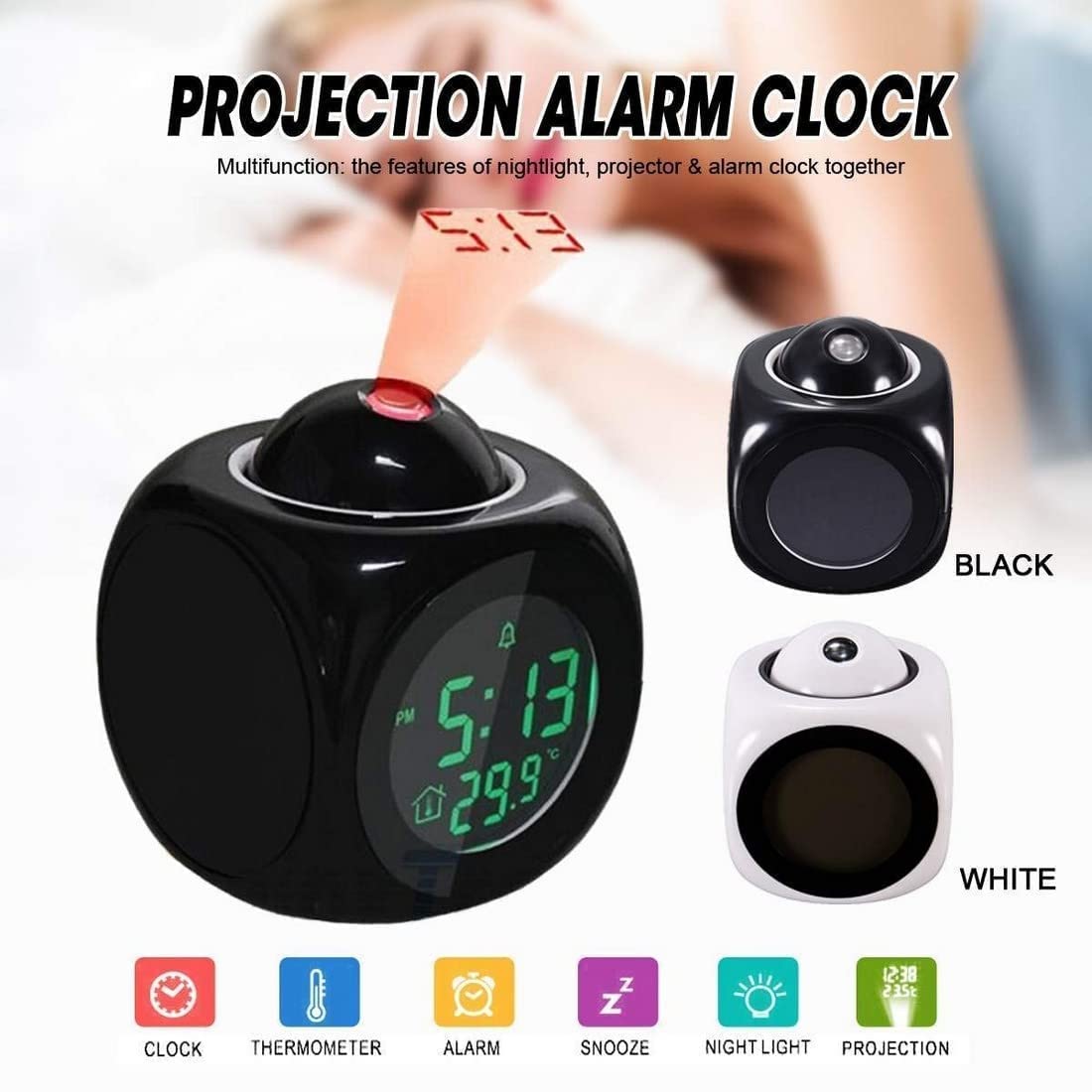 Digital LCD Projector Alarm Clock Wall Projection LCD Screen Snooze Alarm Display Time Voice Alarm LED Back Light (Pack of 1) - Bhavnagar Deodap