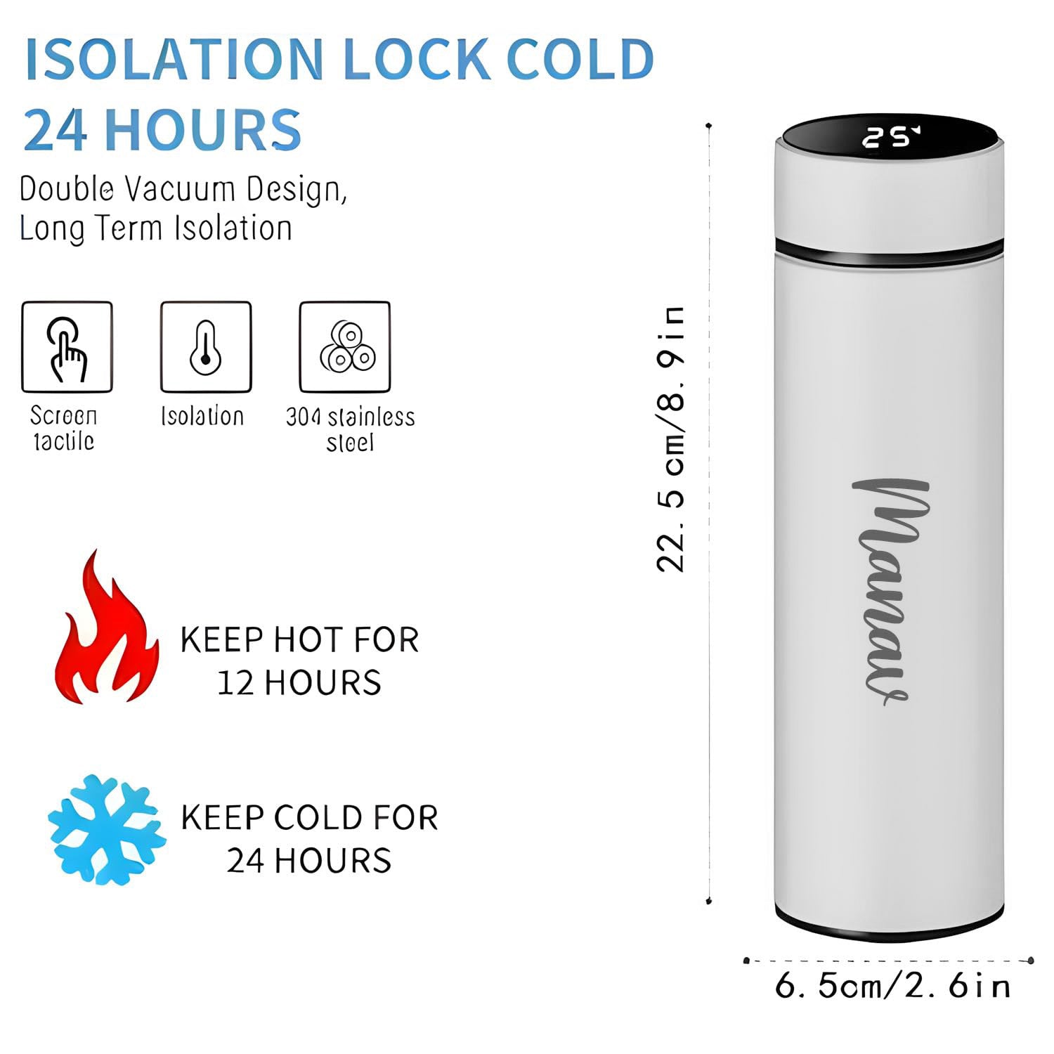 Customized/Personalized Stainless Steel Smart Water Bottle with Smart LCD Temperature Touch | Gifting Custom Name Water Bottle | Gifts for Boyfriend/Girlfriend/Employee | 500ML - Bhavnagar Deodap