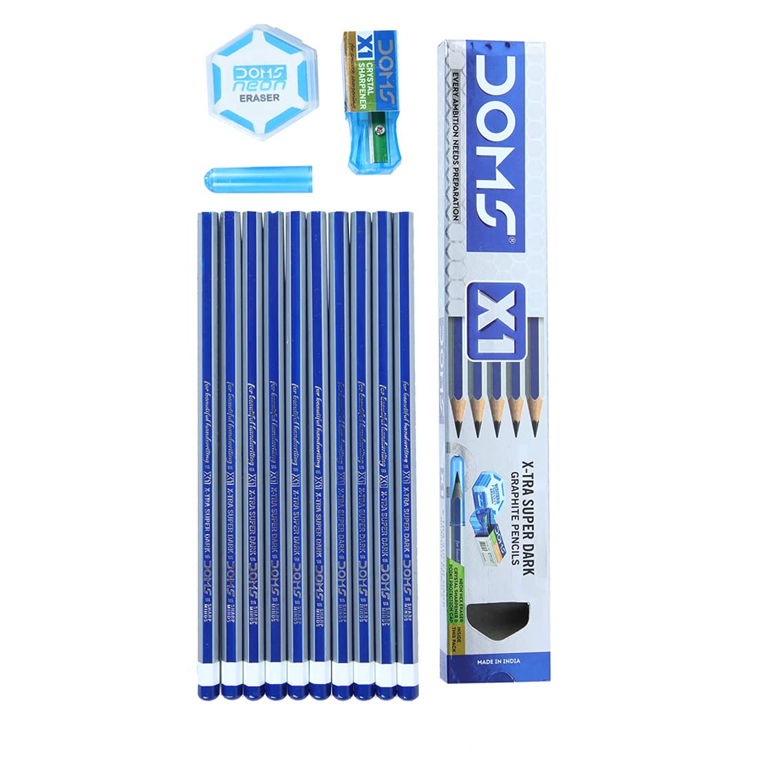 DOMS X1 Xtra Super Dark Pencils Box Pack|Hexagonal Shape For Easy Holding&Comfort|Free Eraser|Scale&Pencil Cap Inside|Dark&Neat Handwriting|Pack Of 10 Pencils - Bhavnagar Deodap