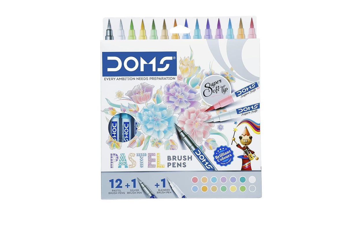 Doms Super Soft Tip Pastel Shades Brush Pen Set | 12 Pastel Shades + 1 Silver Shade + 1 Blender | Ideal for Doodling, Illustrations, Calligraphy, Artists, Studenst & Professioanls | Pack Of 1 - Bhavnagar Deodap