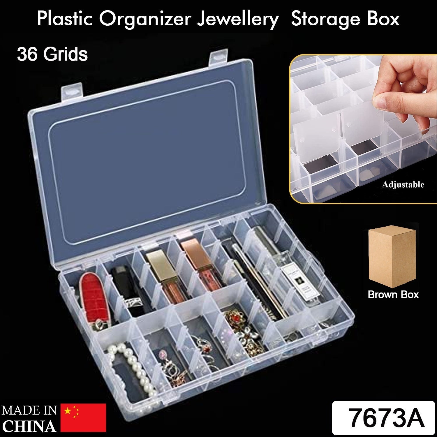 36 Grids Clear Plastic Organizer Jewelry Storage Box with Adjustable Dividers, Transparent Organizer Box (1pc) - Bhavnagar Deodap