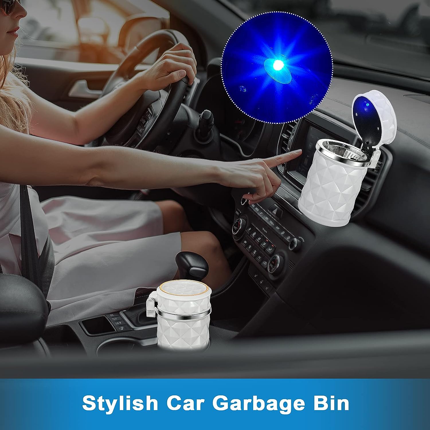 Car Cupholder Travel Ashtray with Lid and LED Light, Portable with Blue LED Light Ideal Decorative Cigar Ash Bucket, Cigarette Ashtray, Car Waste Bin - Bhavnagar Deodap