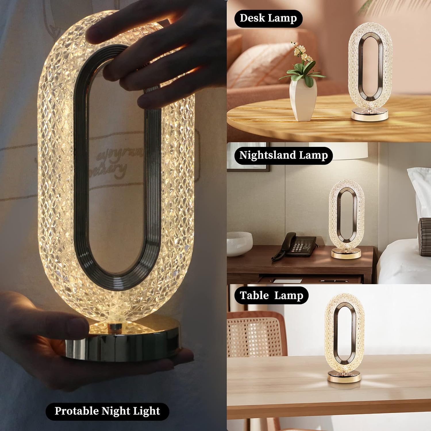 Touch Control Crystal Table Desk Lamp, 3-Way Dimmable Light, USB Rechargeable Crystal Diamond Table Lamp, Exquisite Night Stand Light Lamp Beside Lamp for Bedroom Living Room, Decorative Desk Lamp - Bhavnagar Deodap