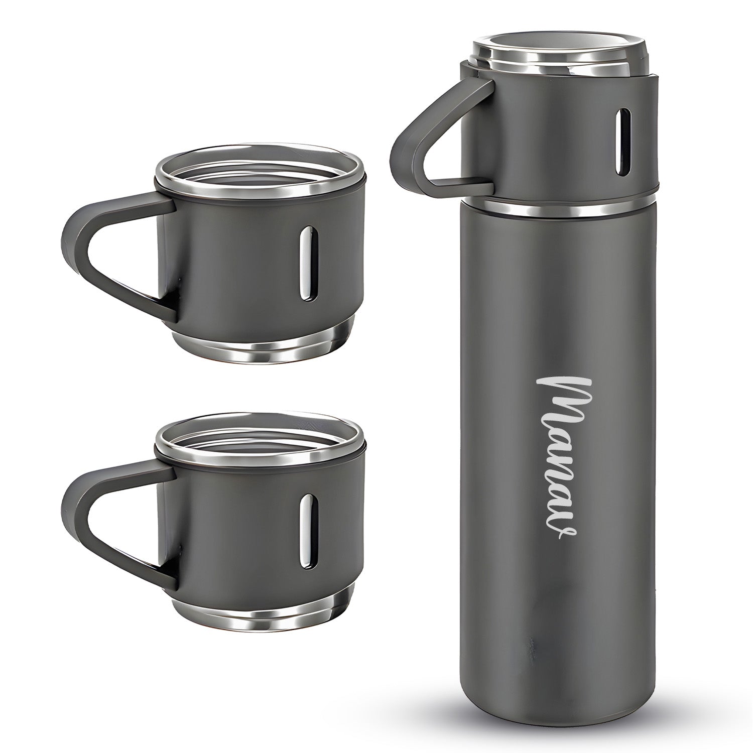 Customized/Personalized Stainless Steel Water Bottle Vacuum Flask Set With 3 Steel Cups Combo | Gifting Custom Name Water Bottle | Gifts for boyfriend/Girlfriend/Employee | 500ML | - Bhavnagar Deodap