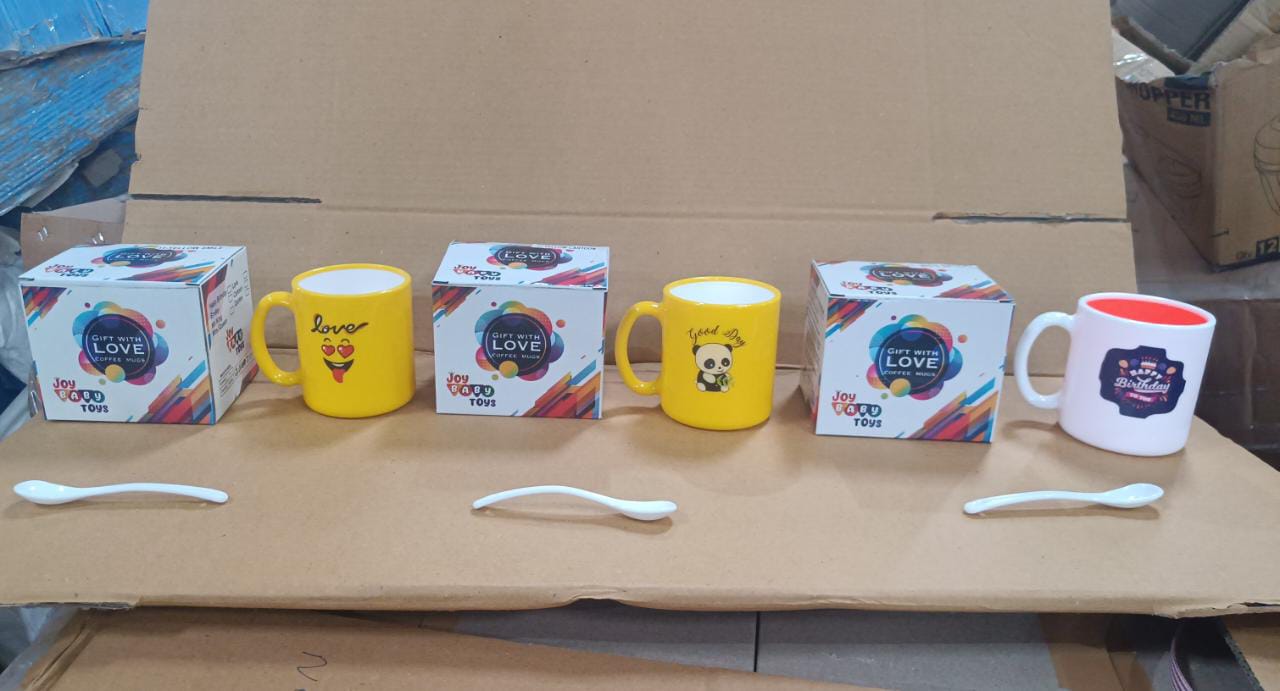 Mix Design & Color Coffee Mug With Spoon and box packing, Design Coffee Mug Used for Drinking and Taking Coffees and Some Other Beverages in All Kinds of Places (1 pc) - Bhavnagar Deodap