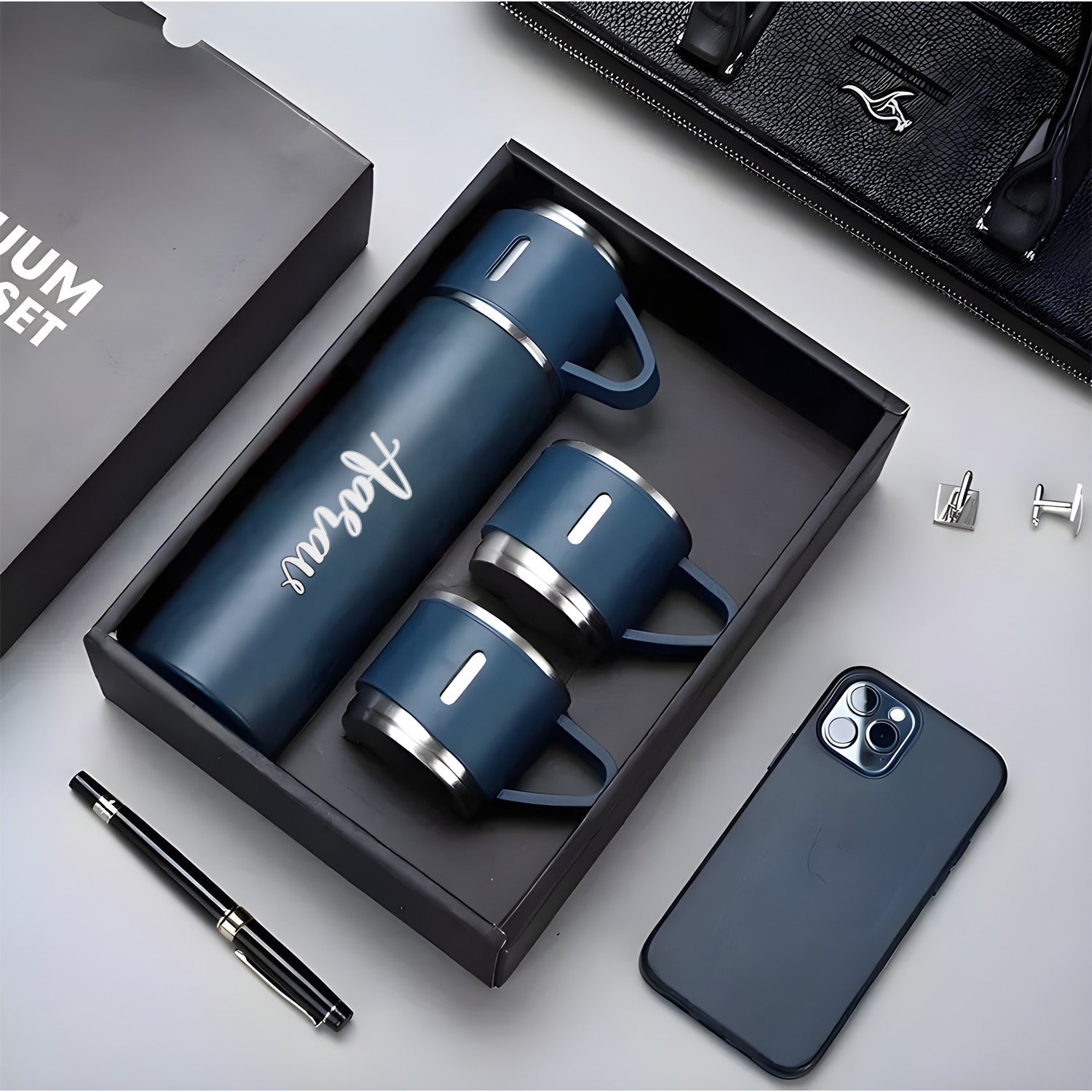 Customized/Personalized Stainless Steel Water Bottle Vacuum Flask Set With 3 Steel Cups Combo | Gifting Custom Name Water Bottle | Gifts for boyfriend/Girlfriend/Employee | 500ML | - Bhavnagar Deodap