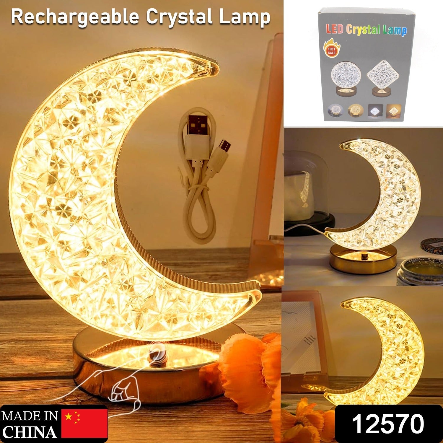 Crystal Table Lamp | Moon Shape Touch Control Lamp with 3 Color | Metal Bedside Lamp for Kids Bedroom Romantic Desktop Nightstand | Stepless Dimming USB Charging Touch Night Light - Bhavnagar Deodap