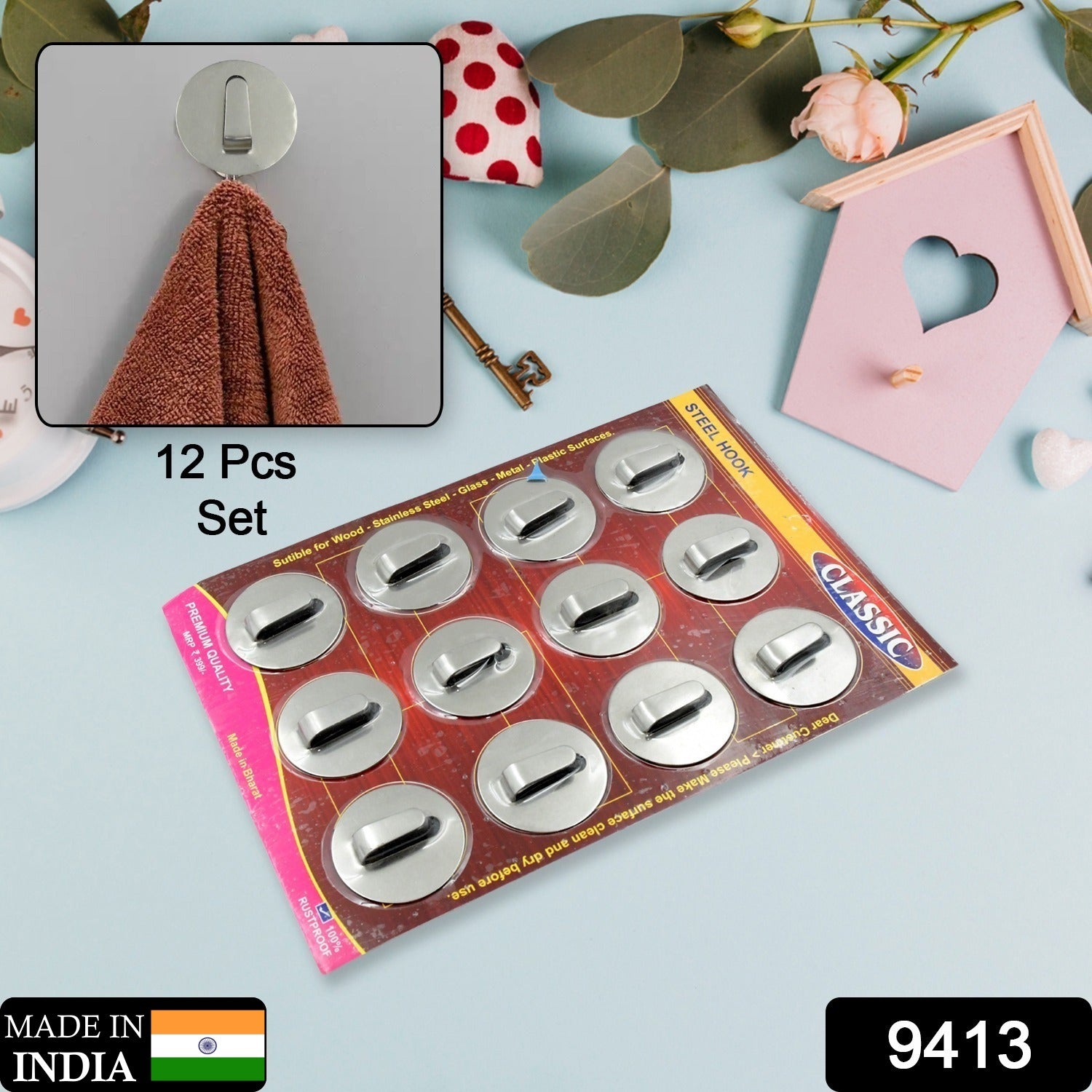 Self-Adhesive Wall Hooks (12 Pcs): Steel, Multipurpose for Home - Bhavnagar Deodap