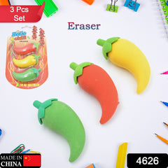 3D Fancy & Stylish Colorful Chili Shape Erasers, Mini Eraser Creative Cute Novelty Eraser for Children Eraser Set for Return Gift, Birthday Party, School Prize, (3 pc Set) - Bhavnagar Deodap