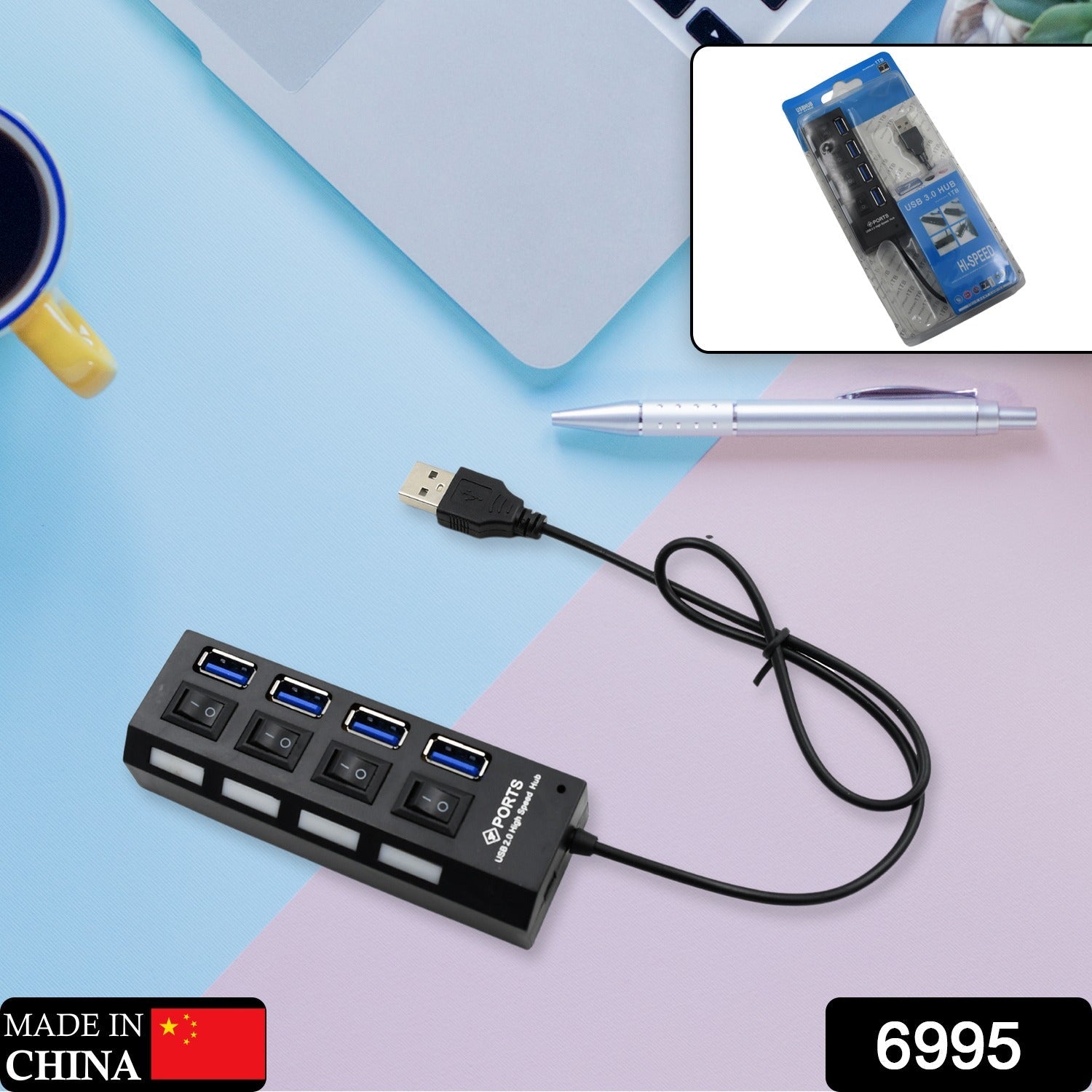 4 Port USB, HUB USB 2.0 HUB Splitter High Speed with On/Off Switch Multi LED Adapter Compatible with Tablet Laptop Computer Notebook - Bhavnagar Deodap