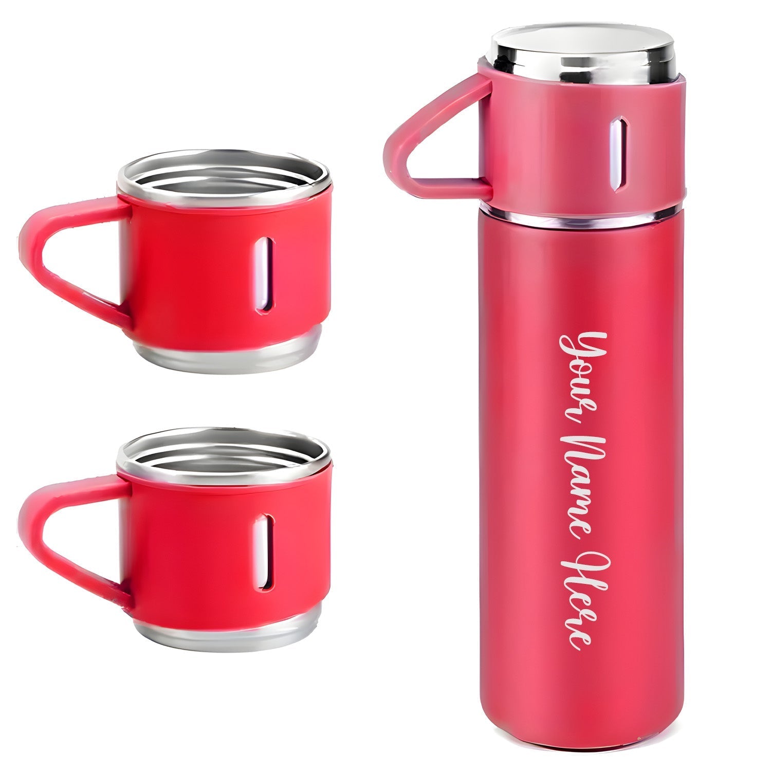 Customized/Personalized Stainless Steel Water Bottle Vacuum Flask Set With 3 Steel Cups Combo | Gifting Custom Name Water Bottle | Gifts for boyfriend/Girlfriend/Employee | 500ML | - Bhavnagar Deodap