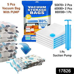 Vacuum Storage Bags with Suction Pump & Shirt clips - Vacuum Bags - Big Capacity Vacuum Seal Bags for Travel Clothes Blankets Pillows, Compression Bags | Space Saver Vacuum Storage Bags (5 Pcs Set) - Bhavnagar Deodap