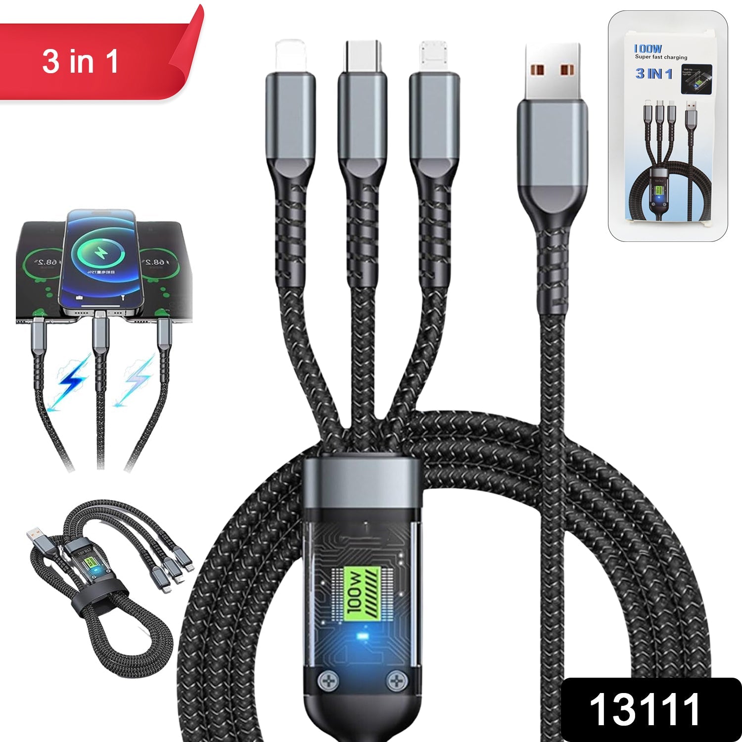 3-in-1 Super Fast Charging Cable 100w, Multifunctional Convenient Super Fast Charging Cable Nylon Braided Cord, 3-in-1 Silicone Zinc Alloy 3 Head Charging Cable - Bhavnagar Deodap