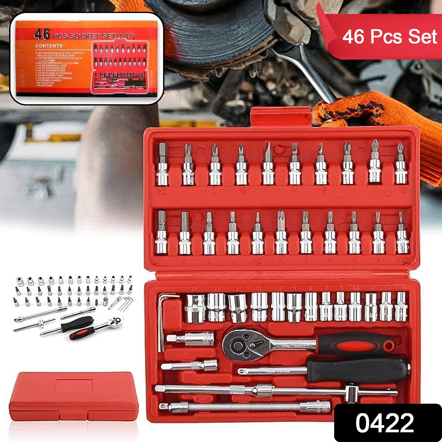 Socket 1 / 4 Inch Combination Repair Tool Kit (Red, 46 pcs) - Bhavnagar Deodap